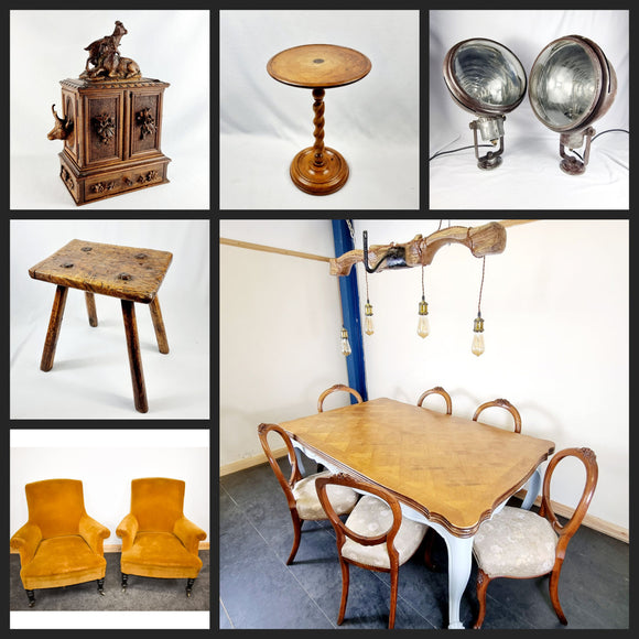 selection of antique furniture and lights
