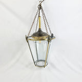 Antique Brass and Glass Lantern, Pendulum Art Nouveau Light Chandelier