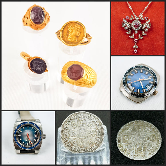 Gold rings, hammered coins,wristwatches and antique jewelry
