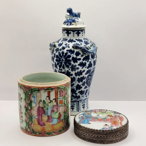 Antique Chinese Blue and White Vase, Cantonese Famille Rose Pot and White Metal Dish.