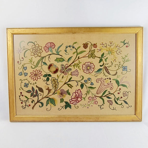 Antique Early 20th Century Needlework of Butterfly in Flowers