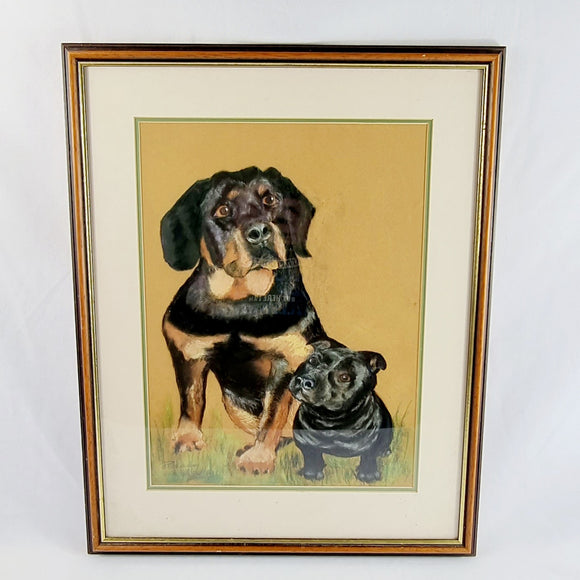 Vintage Watercolour and Charcoal Painting of Rottweiler and Staffordshire Bull Terrier.