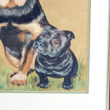 Vintage Watercolour and Charcoal Painting of Rottweiler and Staffordshire Bull Terrier.