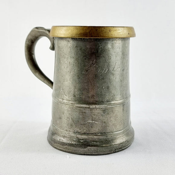 Antique Victorian Brass Rim Pewter Tankard.