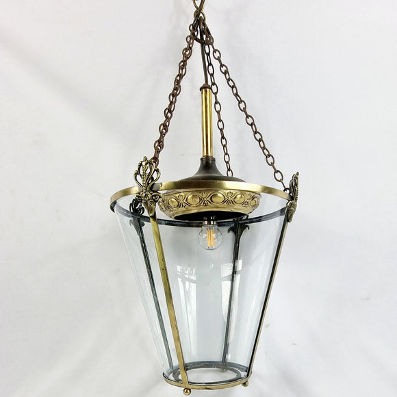 Antique Brass and Glass Lantern, Pendulum Art Nouveau Light Chandelier