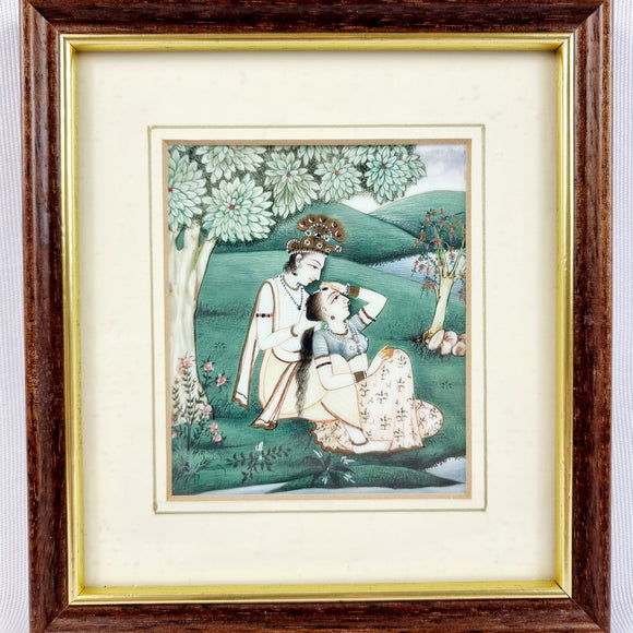 19th Century Antique Indian Oil Painting on Panel of Couple Under a Tree