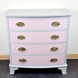 Vintage Painted Bow Front Chest of Drawers with Brass Handles.