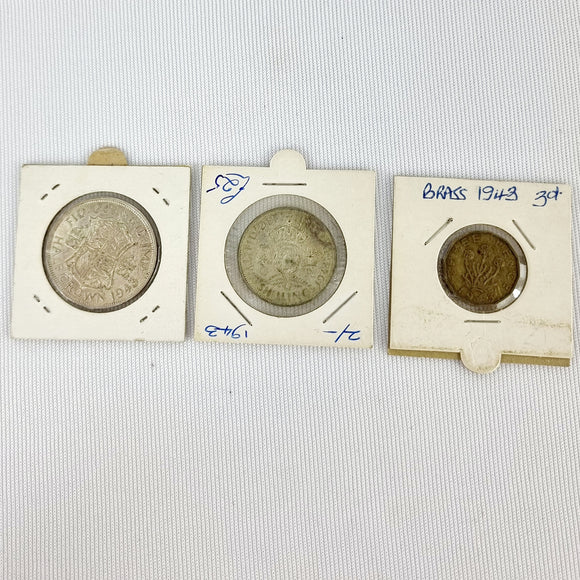 Set of Three 1943 Collectors Coins, Silver Two Shillings, Silver Half Ceown, Brass Three Pence.