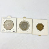 Set of Three 1943 Collectors Coins, Silver Two Shillings, Silver Half Ceown, Brass Three Pence.