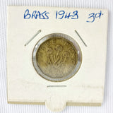 Set of Three 1943 Collectors Coins, Silver Two Shillings, Silver Half Ceown, Brass Three Pence.