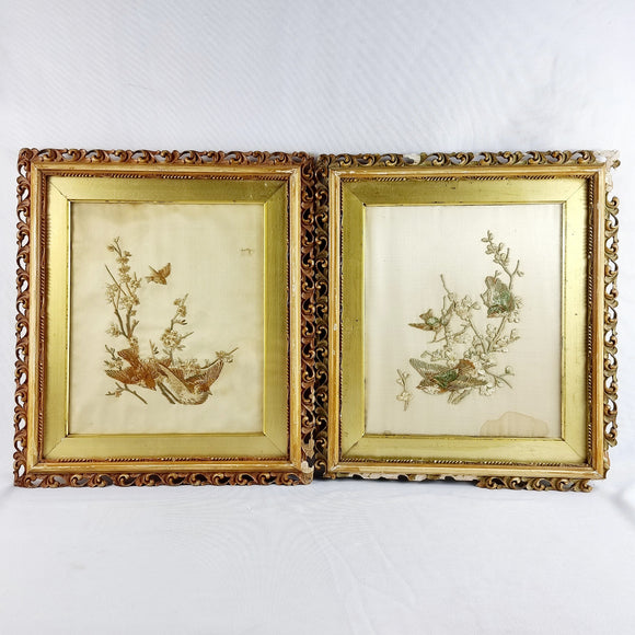 Antique Pair of Japanese Silk Embroidery of Birds Kyoto