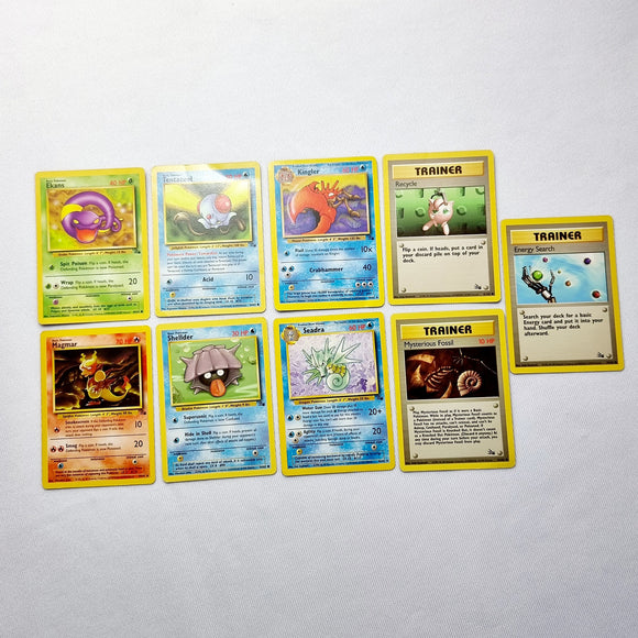 Pokemon Cards Fossil Set, Trainer Mysterious Fossil, Recycle, Energy Search, Magmar, Kingler, Seadra, Shellder, Tentacool, Ekans