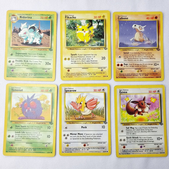 Pokemon Cards Jungle Set, Pikachu, Cubone, Eevee, Spearow, Venonat, Nidorina