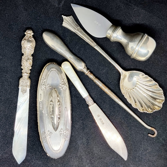 Antique Silver Items, Page Turner, Spoon, Cheese Slice, Nail Buffer, Button Hook