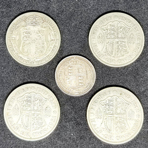 Victorian 1887 Shilling And 4 George V Half Crowns 1924, 1931, 1928, 1936