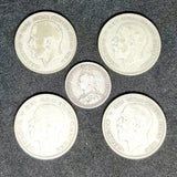 Victorian 1887 Shilling And 4 George V Half Crowns 1924, 1931, 1928, 1936