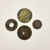 Four Antique Coins George I, George III and Victoria Penny 1877, Farthing 1884, Half Penny 1723