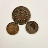 1835 East India Company One Quarter Anna, 1/4 Cent 1845 And 1910 1/12 Anna