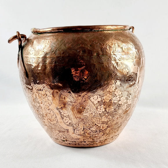Antique Chinese Brass Etched Cauldron.
