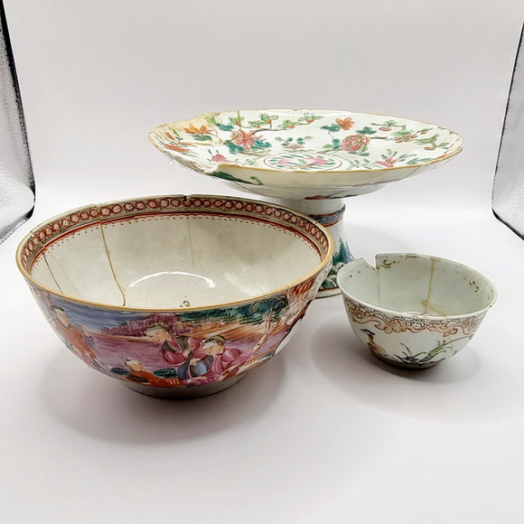 Antique 19th Century Chinese Cantonese Famille Rose Bowls and Tazza