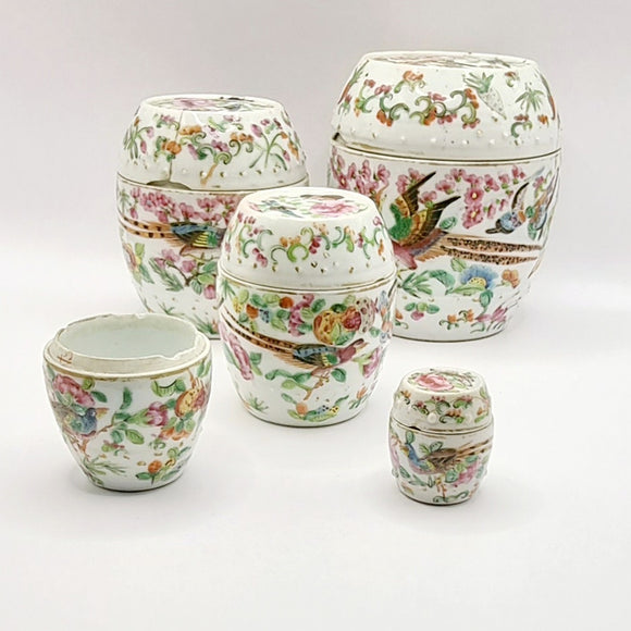 Set of 5 Antique Chinese Cantonese Famille Rose Graduating Storage Jars