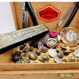 Antique Bundle of Military Buttons, Enamel badge, and Medal, Razors and Magnify Glass