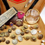 Antique Bundle of Military Buttons, Enamel badge, and Medal, Razors and Magnify Glass