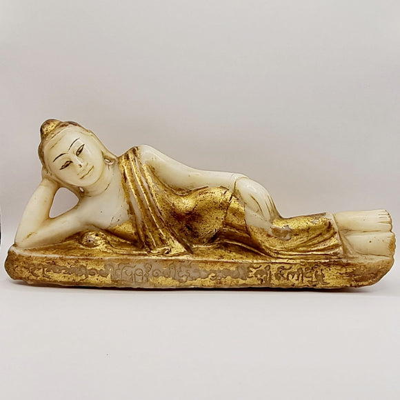 Antique Carved Marble Gold Leaf laying Buddha.