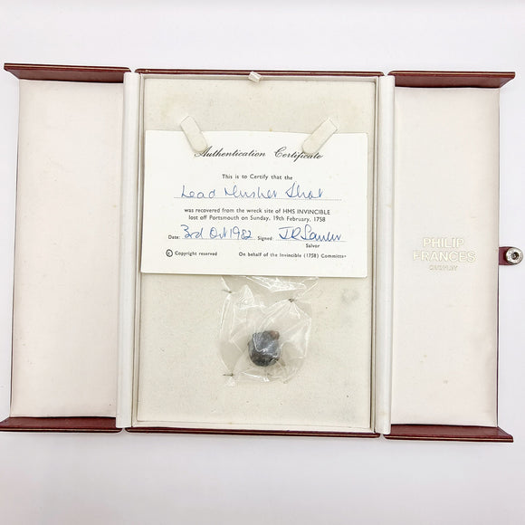 Antique Lead Musket Shot or Ball from HMS Iinvincible 1758 with Certificate.
