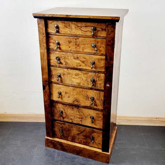 Antique Early 20th Century Burr Walnut Veneered Wellington Chest of Drawers.