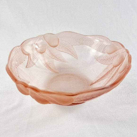 Vintage Pink Glass Fruit Bowl by Flora with Pears and Leaves.