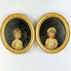 Pair of Antique Portrait Oil on Canvas of Two Young Girls.