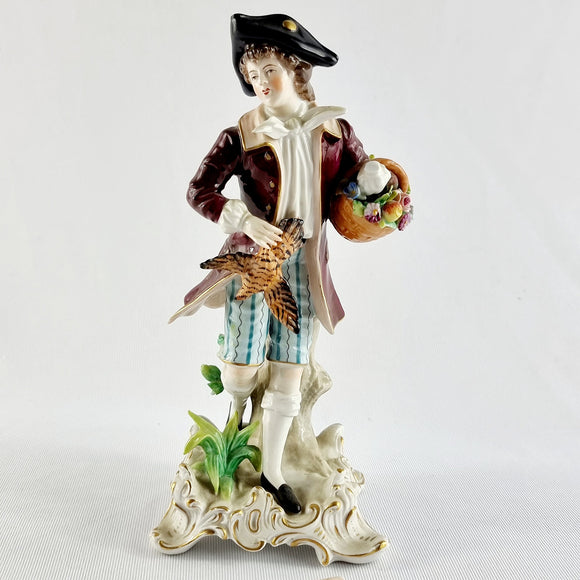 Antique 19th Century Sitzendorf German Figure of a Man with Flowers and Pheasant