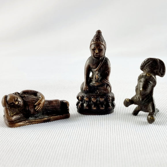 Three Antique Miniature Travel Buddha Bronze Figures