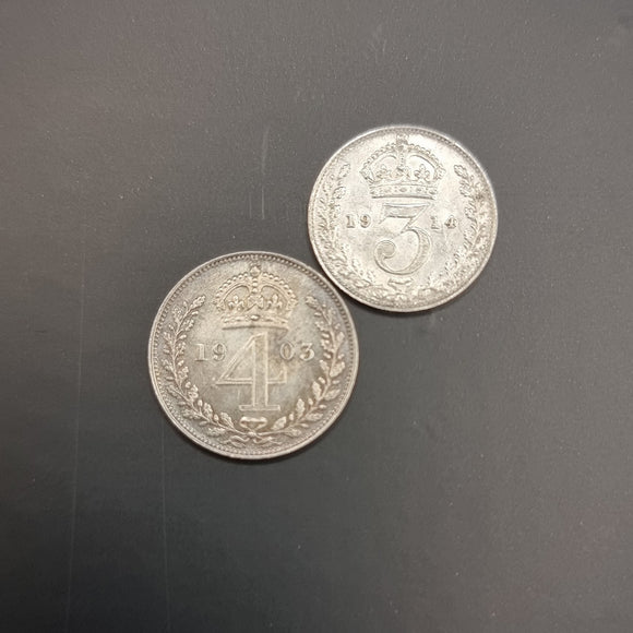 1903 Maundy Silver Four Pence and 1914 Silver Three Pence
