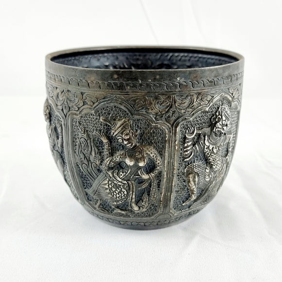 Silver Antique Burmese Thabeik Repousse Buddhist Bowl Signed