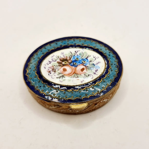Antique Enamel Brass Pill Box with Mirror