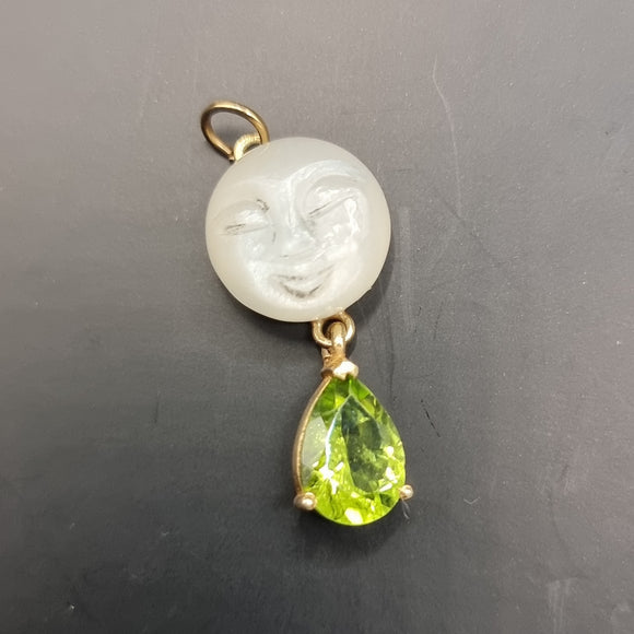 Antique Cabochon Man in the Moon Face, Peridot Tear Drop Pendant.