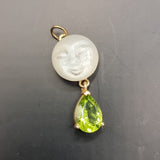 Antique Cabochon Man in the Moon Face, Peridot Tear Drop Pendant.