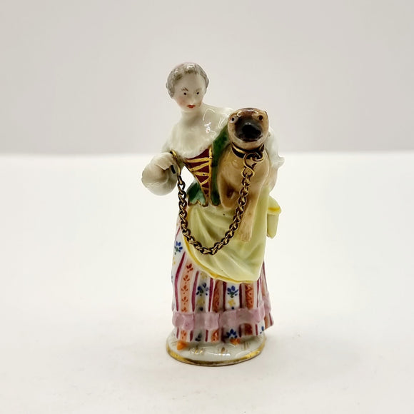Antique 19th Century Meissen Scent Bottle of Lady Holding a Dog or Pug