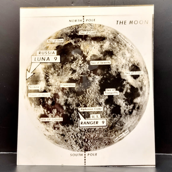 Vintage Black and White Map of the Moon of Luna 9 and Ranger 9 Landing