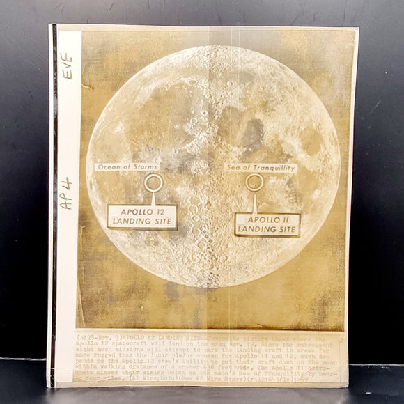 Vintage Black and White Photograph of the Moon with Apollo 11 and 12 Landing spots