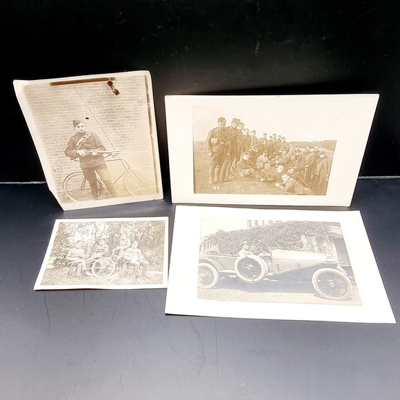 Four Vintage Photographs of Military Personnel with Bike and Car. One being a Postcard