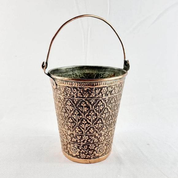 Antique Kashmiri Repousse Floral Design Copper Bucket