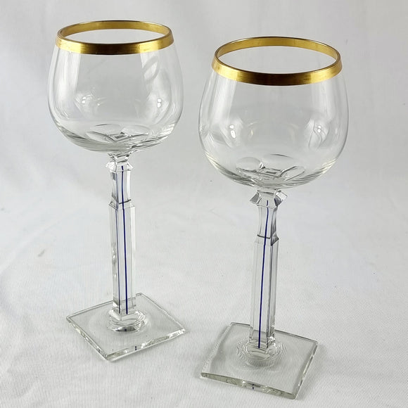 Pair of Gold Rim, Square Based Italian Design Wine Glasses