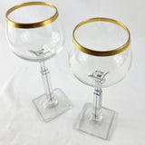 Pair of Gold Rim, Square Based Italian Design Wine Glasses