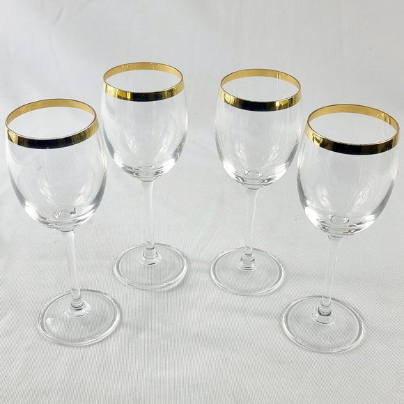 Set of Four Gold Rimmed Crystal Wine Glasses