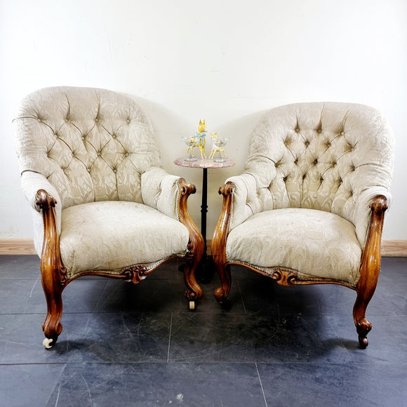 Antique Pair of Walnut Victorian 19th Century Button Back Armchairs