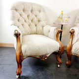 Antique Pair of Walnut Victorian 19th Century Button Back Armchairs