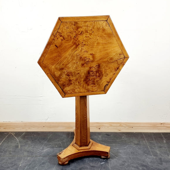 Antique Circa 1900s Burr Elm Hexagonal Tilt top Occasionally Table